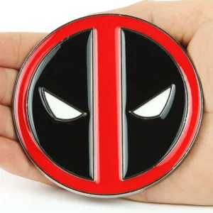 men's deadpool belt buckle displayed in palm of hand
